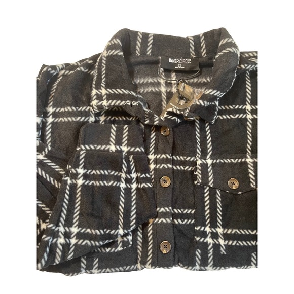 Inner Circle Black Plaid Fleece Fringe Trim Button Down Shacket Women's 3X - Picture 1 of 9